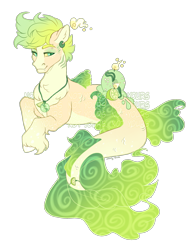 Size: 1637x2107 | Tagged: safe, artist:shady-bush, oc, oc only, hybrid, merpony, original species, scented pony, seapony (g4), closed species, dorsal fin, eyelashes, fangs, fish tail, flowing tail, green mane, jewelry, male, necklace, simple background, smiling, solo, stallion, tail, transparent background, unshorn fetlocks, watermark