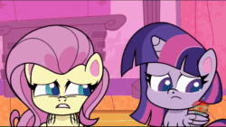 Size: 1280x720 | Tagged: safe, screencap, fluttershy, twilight sparkle, alicorn, pony, g4.5, my little pony: pony life, the debut taunt, animated, duo, duo female, female, gasp, implied rarity, out of context, sitting, sound, talking, teeth, treehouse logo, twilight sparkle (alicorn), webm