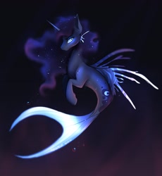 Size: 2920x3176 | Tagged: dead source, safe, artist:nettlemoth, princess luna, alicorn, merpony, seapony (g4), blue eyes, blue mane, dark, ethereal mane, female, fins, fish tail, flowing mane, flowing tail, glowing, glowing tail, high res, horn, looking at you, ocean, race swap, seaponified, seapony luna, signature, solo, species swap, starry mane, tail, underwater, water
