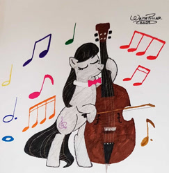 Size: 1024x1054 | Tagged: safe, artist:writepillar, octavia melody, earth pony, pony, g4, bipedal, bow (instrument), cello, female, mare, musical instrument, solo, traditional art