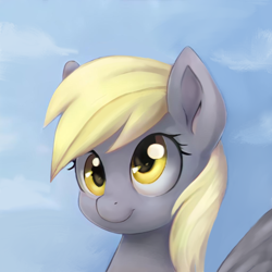 Size: 1024x1024 | Tagged: safe, ai assisted, ai content, artist:catachromatic, derpibooru exclusive, generator:thisponydoesnotexist, derpy hooves, pegasus, pony, g4, bust, cute, female, mare, not derpy, paintover, portrait, sky background, smiling, solo