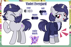 Size: 4000x2661 | Tagged: source needed, safe, artist:jennieoo, oc, oc only, oc:violet evergard, pony, unicorn, business suit, clothes, cutie mark, ear piercing, earring, female, happy, horn, jewelry, mare, piercing, raised hoof, reference sheet, show accurate, simple background, smiling, solo, suit, tuxedo, unicorn oc, vector