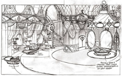 Size: 868x540 | Tagged: safe, artist:davedunnet, g4, official, carousel boutique, concept art, interior, monochrome, pencil drawing, sketch, traditional art