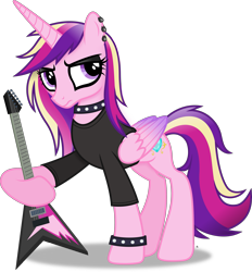Size: 4269x4603 | Tagged: safe, artist:anime-equestria, princess cadance, alicorn, pony, g4, alternate hairstyle, annoyed, collar, concave belly, ear piercing, electric guitar, eyeshadow, female, guitar, horn, makeup, mare, musical instrument, piercing, punk, punk cadence, punkdance, simple background, slender, solo, spiked collar, spiked wristband, thin, transparent background, vector, wings, wristband