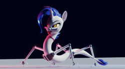 Size: 1280x714 | Tagged: safe, artist:shydale, oc, oc only, oc:yodi, cyborg, original species, snake, snake pony, 3d, blender, blender eevee, choker, cursed image, horn, menacing, robotic legs, simple background, snek, solo, tongue out, wat, what has science done