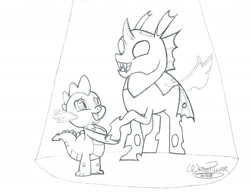 Size: 2190x1695 | Tagged: safe, artist:writepillar, spike, thorax, changeling, dragon, g4, the times they are a changeling, duo, duo male, male, monochrome, spotlight, wingless spike