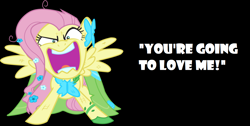 Size: 1202x607 | Tagged: safe, artist:mowza2k2, derpibooru exclusive, edit, editor:twilyisbestpone, vector edit, fluttershy, pegasus, pony, g4, angry, black background, clothes, dress, flower, flutterrage, gala dress, open mouth, quote, simple background, solo, vector, volumetric mouth, wings, you're going to love me