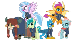 Size: 5360x3008 | Tagged: safe, artist:cheezedoodle96, artist:crystalmagic6, artist:dashiesparkle, artist:php170, edit, gallus, ocellus, sandbar, silverstream, smolder, yona, changedling, changeling, classical hippogriff, dragon, earth pony, griffon, hippogriff, pony, yak, fallout equestria, g4, school daze, absurd resolution, claws, clothes, cloven hooves, crossed legs, cute, cuteling, diaocelles, diastreamies, dragon wings, dragoness, dragons wearing clothes, fallout, female, flying, gallabetes, group, happy, jewelry, jumpsuit, looking at you, male, necklace, open mouth, pipboy, raised eyebrow, sandabetes, shy, simple background, smiling, smiling at you, smolderbetes, spread wings, student six, teenaged dragon, teenager, teeth, transparent background, vault suit, vector, wings, yonadorable
