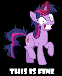Size: 519x633 | Tagged: safe, artist:thecheeseburger, derpibooru exclusive, edit, editor:twilyisbestpone, vector edit, twilight sparkle, pony, unicorn, g4, big smile, black background, blatant lies, female, glowing horn, horn, insanity, mare, meme, messy mane, messy tail, raised hoof, simple background, solo, this is fine, twilight snapple, unicorn twilight, vector, wide eyes
