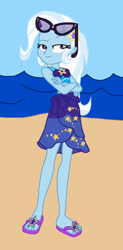 Size: 627x1275 | Tagged: safe, artist:agenthotman, trixie, equestria girls, equestria girls specials, g4, my little pony equestria girls: better together, my little pony equestria girls: forgotten friendship, beach, clothes, crossed arms, feet, female, flip-flops, sarong, sunglasses, swimsuit