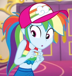 Size: 575x613 | Tagged: safe, screencap, rainbow dash, equestria girls, equestria girls series, g4, spring breakdown, spoiler:eqg series (season 2), :o, alternate hairstyle, bare shoulders, baseball cap, belly, cap, clothes, cloud, cropped, cruise outfit, door, exposed belly, eyebrows down, female, front knot midriff, hat, indoors, looking down, midriff, open mouth, pants, ponytail, sleeveless, solo, tank top