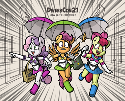 Size: 1500x1213 | Tagged: safe, artist:toonbat, apple bloom, scootaloo, sweetie belle, earth pony, pegasus, unicorn, anthro, g4, clothes, convention, cosplay, costume, cutie mark crusaders, older, older apple bloom, older cmc, older scootaloo, older sweetie belle, parachute, patreon, patreon reward, sailor moon (series), skydiving, tomboy, trio