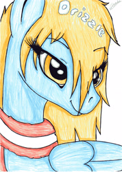 Size: 2482x3491 | Tagged: safe, artist:beamybutt, oc, oc only, pegasus, pony, bust, clothes, eyelashes, female, high res, mare, pegasus oc, scarf, simple background, smiling, solo, traditional art, white background, wings