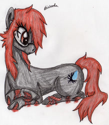 Size: 1745x2004 | Tagged: safe, artist:beamybutt, oc, oc only, earth pony, pony, earth pony oc, eyelashes, female, looking back, lying down, mare, prone, signature, simple background, solo, traditional art, white background