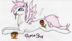 Size: 3154x1789 | Tagged: safe, artist:beamybutt, oc, oc only, oc:rosebud, pegasus, pony, eyelashes, female, flower, high res, lying down, mare, pegasus oc, prone, rose, signature, simple background, solo, traditional art, white background, wings