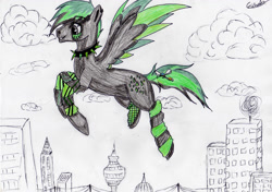 Size: 3491x2464 | Tagged: safe, artist:beamybutt, oc, oc only, pegasus, pony, clothes, cloud, flying, high res, male, outdoors, pegasus oc, signature, socks, solo, stallion, striped socks, traditional art, two toned wings, wings