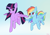 Size: 2388x1668 | Tagged: safe, artist:celysus, rainbow dash, twilight sparkle, alicorn, pegasus, pony, pony girl, g4, cute, duo, duo female, eye clipping through hair, eyebrows, eyebrows visible through hair, female, flying, horn, lesbian, mare, ship:twidash, shipping, signature, sky, smiling, twilight sparkle (alicorn), wings