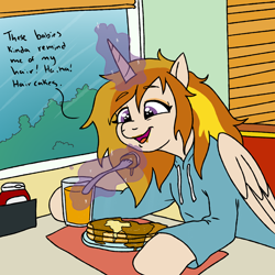 Size: 1200x1200 | Tagged: safe, artist:pony quarantine, oc, oc only, oc:hemera, alicorn, pony, alicorn oc, booth, clothes, drawthread, food, fork, haircake, hoodie, horn, juice, ketchup, magic, maple syrup, orange juice, pancakes, placemat, reference, sauce, solo, table, telekinesis, text, window, wings