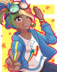 Size: 1100x1400 | Tagged: safe, artist:kingkero18, kotobukiya, rainbow dash, human, g4, dark skin, humanized, kotobukiya rainbow dash, one eye closed, peace sign, wink