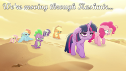 Size: 1920x1080 | Tagged: safe, edit, edited screencap, screencap, applejack, fluttershy, pinkie pie, rainbow dash, rarity, spike, twilight sparkle, alicorn, pony, g4, my little pony: the movie, bags under eyes, desert, india, kashmir, led zeppelin, mane seven, mane six, messy mane, quote, song reference, sweat, twilight sparkle (alicorn)