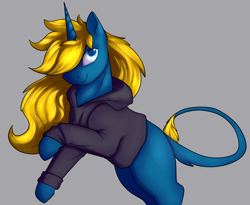 Size: 3266x2684 | Tagged: safe, artist:flashnoteart, oc, oc only, oc:flashnote, pony, unicorn, clothes, colored, high res, hoodie, long mane, male, rearing, smiling, solo