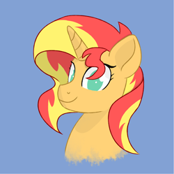 Size: 822x820 | Tagged: safe, artist:iron curtain, sunset shimmer, pony, unicorn, g4, blue background, bust, cute, eyelashes, female, looking at you, lowres, mare, portrait, shimmerbetes, simple background, smiling