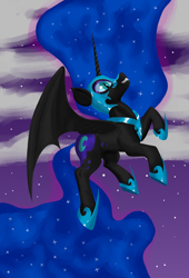 Size: 3750x5500 | Tagged: safe, artist:iron curtain, nightmare moon, alicorn, pony, g4, absurd resolution, cloud, female, long hair, long tail, mare, night, raised hoof, solo, spread wings, stars, wings