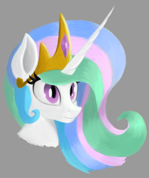 Size: 1996x2380 | Tagged: safe, artist:iron curtain, princess celestia, alicorn, pony, g4, bust, crown, cute, cutelestia, eyelashes, female, gray background, high res, jewelry, mare, multicolored hair, portrait, regalia, simple background, smiling, solo