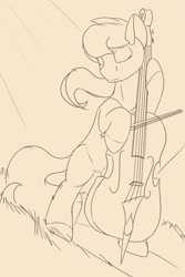 Size: 1600x2400 | Tagged: safe, artist:tenebrisnoctus, octavia melody, earth pony, pony, g4, bipedal, bow (instrument), cello, cello bow, eyes closed, female, hoof hold, mare, monochrome, musical instrument, sketch, solo, wip