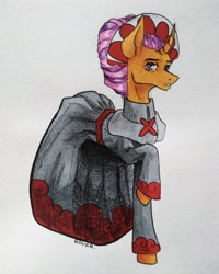 Size: 3000x3750 | Tagged: safe, artist:rover, sable spirit, pony, unicorn, campfire tales, g4, clothes, curved horn, empress sable spirit, female, high res, horn, mare, solo, traditional art, young, young sable spirit, younger