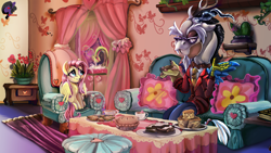 Size: 3840x2160 | Tagged: safe, artist:brainiac, discord, fluttershy, draconequus, pegasus, pony, fallout equestria, g4, book, bread, bubble, clothes, coffee, cup, detailed, digital painting, fall guys, female, food, gravy boat, high res, lineless, male, mare, pie, sandwich, scene interpretation, scone, suit, teacup, toast