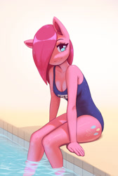 Size: 1600x2383 | Tagged: safe, artist:mrscroup, pinkie pie, earth pony, anthro, g4, adorasexy, breasts, busty pinkie pie, cleavage, clothes, cute, cuteamena, female, hair over one eye, no tail, one-piece swimsuit, pinkamena diane pie, reasonably sized breasts, school swimsuit, sexy, sitting, solo, sukumizu, swimming pool, swimsuit, water, wet, wet hair