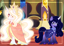 Size: 2552x1848 | Tagged: safe, artist:interstellar-quartz, princess celestia, princess luna, pony, amaryllisverse, g4, alternate design, cloak, clothes, duo, duo female, female, high res, mare