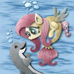 Size: 2048x2048 | Tagged: safe, artist:catscratchpaper, fluttershy, dolphin, seapony (g4), g4, blue background, bubble, clothes, cute, dorsal fin, female, fin, fin wings, fins, fish tail, flowing mane, flowing tail, green eyes, happy, high res, looking at each other, looking at someone, mare, not finn tastic, ocean, open mouth, open smile, scales, seaponified, seapony fluttershy, see-through, simple background, smiling, smiling at each other, solo, species swap, swimming, tail, underwater, water, watershy, wings