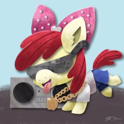 Size: 2048x2048 | Tagged: safe, artist:catscratchpaper, apple bloom, earth pony, pony, g4, boombox, clothes, female, filly, high res, jewelry, necklace, pants, shirt, solo, sunglasses, tongue out