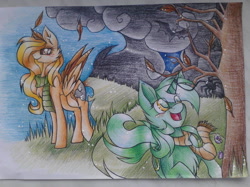 Size: 811x608 | Tagged: safe, artist:tay-niko-yanuciq, lyra heartstrings, pegasus, pony, unicorn, g4, clothes, female, happy, scarf, traditional art