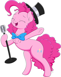 Size: 1622x2048 | Tagged: safe, artist:wownamesarehard, derpibooru exclusive, pinkie pie, earth pony, pony, g4, pinkie pride, bipedal, bowtie, chest fluff, cute, eyes closed, hat, microphone, open mouth, open smile, raised hoof, simple background, smiling, solo, top hat, transparent background