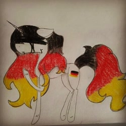 Size: 480x480 | Tagged: safe, artist:shards_of_black_glass, oc, oc only, pony, unicorn, blindfold, crying, female, germany, horn, mare, nation ponies, ponified, raised hoof, signature, solo, traditional art, unicorn oc