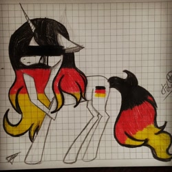 Size: 768x768 | Tagged: safe, artist:shards_of_black_glass, oc, oc only, pony, unicorn, blindfold, crying, female, germany, graph paper, horn, mare, nation ponies, ponified, raised hoof, signature, solo, traditional art, unicorn oc