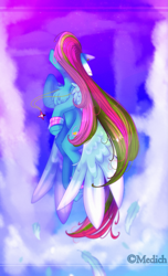 Size: 1825x3000 | Tagged: safe, artist:mediasmile666, oc, oc only, oc:media smile, pegasus, pony, cloud, feather, female, flying, mare, not rainbow dash, sky, solo, spread wings, wings