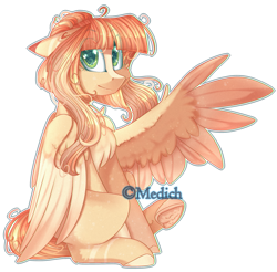 Size: 2468x2429 | Tagged: safe, artist:mediasmile666, oc, oc only, oc:lyshuu, pegasus, pony, art trade, chest fluff, coat markings, eye clipping through hair, eye reflection, female, floppy ears, high res, looking at you, mare, one wing out, reflection, sidemouth, simple background, sitting, smiling, solo, speedpaint available, spread wings, transparent background, underhoof, wings