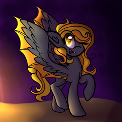 Size: 1280x1280 | Tagged: safe, artist:princessfaeron, oc, oc only, oc:pumpkin, bat pony, pony, female, hybrid wings, mare, one eye closed, solo, wings, wink