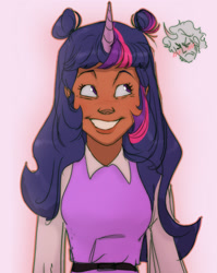 Size: 1127x1414 | Tagged: safe, artist:gloomy-doom, king sombra, twilight sparkle, human, g4, blushing, bust, clothes, dark skin, female, hair bun, horn, horned humanization, humanized, looking up, male, ship:twibra, shipping, simple background, space buns, straight