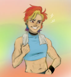 Size: 1167x1266 | Tagged: safe, artist:gloomy-doom, rainbow dash, human, g4, belly button, bra, clothes, crop top bra, ear piercing, female, grin, humanized, midriff, muscles, muscular female, piercing, simple background, smiling, solo, tomboy, towel, underwear, wristband