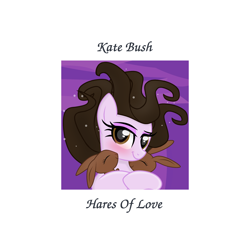 Size: 2000x2000 | Tagged: safe, artist:grapefruit-face, hare, pony, rabbit, album cover, animal, base used, bedroom eyes, blushing, eyeshadow, high res, hug, kate bush, looking at you, lying down, makeup, messy mane, ponified, ponified album cover, show accurate