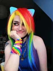 Size: 3167x4224 | Tagged: safe, artist:milkteeth98, rainbow dash, human, g4, bracelet, clothes, cosplay, costume, goth, irl, irl human, jewelry, necklace, photo, sleeveless, solo, tattoo