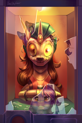 Size: 2000x3000 | Tagged: safe, artist:jedayskayvoker, oc, oc only, oc:madame fortuna, pony, robot, robot pony, broken glass, commission, fortune teller, high res, offscreen character, reflection, smiling, solo