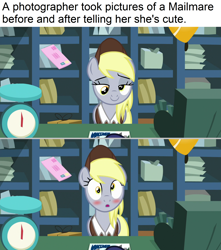 Size: 1920x2171 | Tagged: safe, edit, edited screencap, screencap, derpy hooves, pegasus, pony, between dark and dawn, g4, :o, blushing, cash register, cute, derpabetes, female, letter, mailmare, mailmare uniform, mare, meme, open mouth, package, postcard, realization, solo, weighing scale