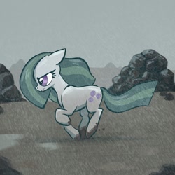 Size: 2048x2048 | Tagged: safe, artist:pfeffaroo, marble pie, earth pony, pony, g4, determined, dirty hooves, female, floppy ears, high res, mare, outdoors, profile, rain, rock, rock farm, running, solo