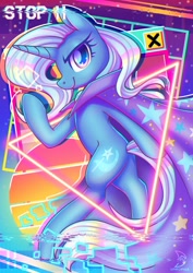 Size: 2480x3508 | Tagged: safe, artist:wavecipher, trixie, pony, unicorn, g4, brooch, cape, clothes, female, high res, jewelry, mare, pause, retrowave, solo, triangle, trixie's brooch, trixie's cape, vhs